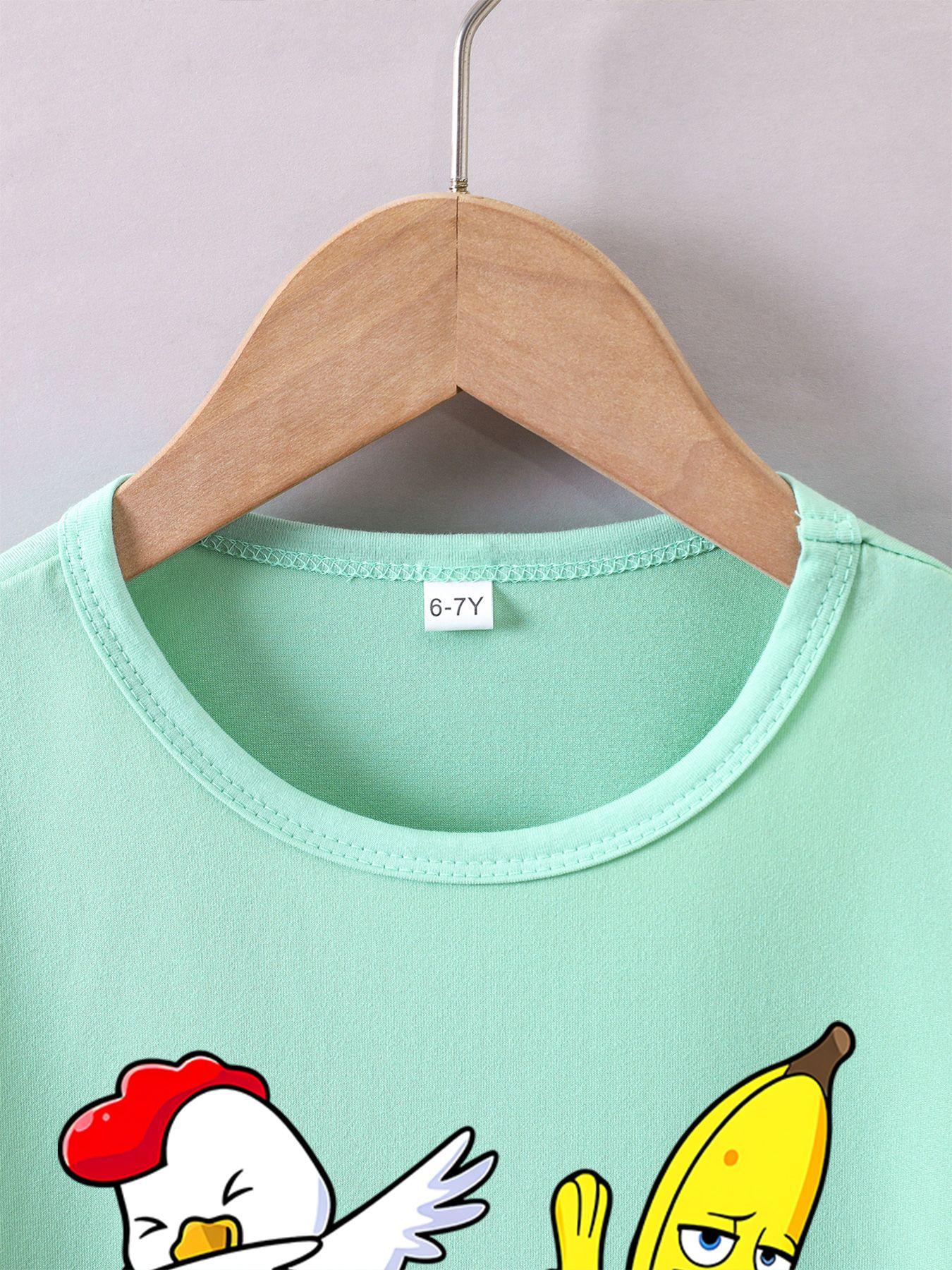 Boys' Summer Breathable & Comfortable "Dancing Chick & Banana" Cartoon Print (3-12Y) Casual Sports T-Shirt