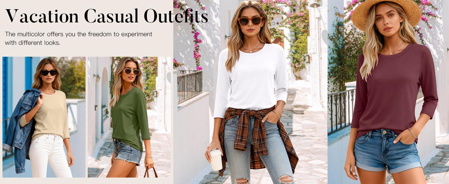 Women's 3-Pack 3/4 Sleeve Crewneck T-Shirts - Solid, Breathable, Classic Basic Casual Tees, Loose Fit Blouses, Summer Clothes, Fall Layering Tops, Work Outfits, Machine Washable Fabric Fashion