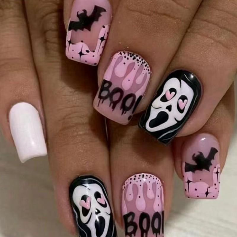 24pcs Halloween Nail Art Set, Ghost Bat Boo! Design, Glossy Finish, Medium Oval Shape, Easy Peel-Off, Perfect for Parties & Festivals