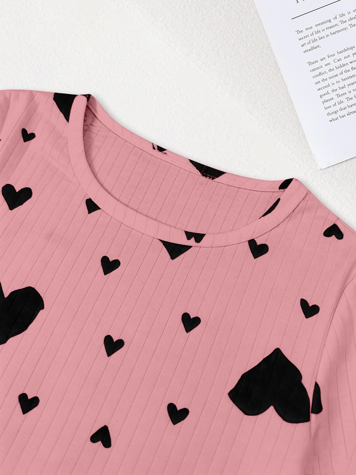 Women's Sleepwear Set, Casual Round Neck Long Sleeve Pants, Romantic Heart Print, Soft Elegant Comfortable, Wearable at Home