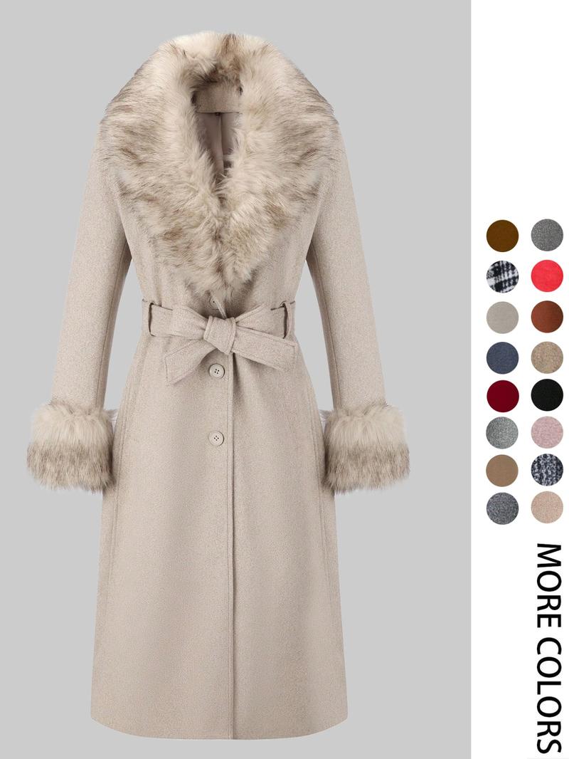 Women's Fall Winter Mid-Length Solid Color Coat, Warm Fitted Coat with Fur Collar, Waist Belt & Pockets, Casual Style