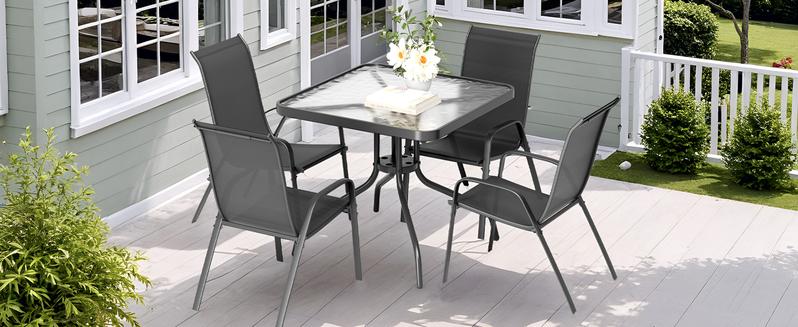 5 Piece Outdoor Patio Dining Set (Umbrella not Included), Porch Furniture with 4 Textline Chairs, 1 Square Glass Table for Garden, Backyard and Poolside, Lawn