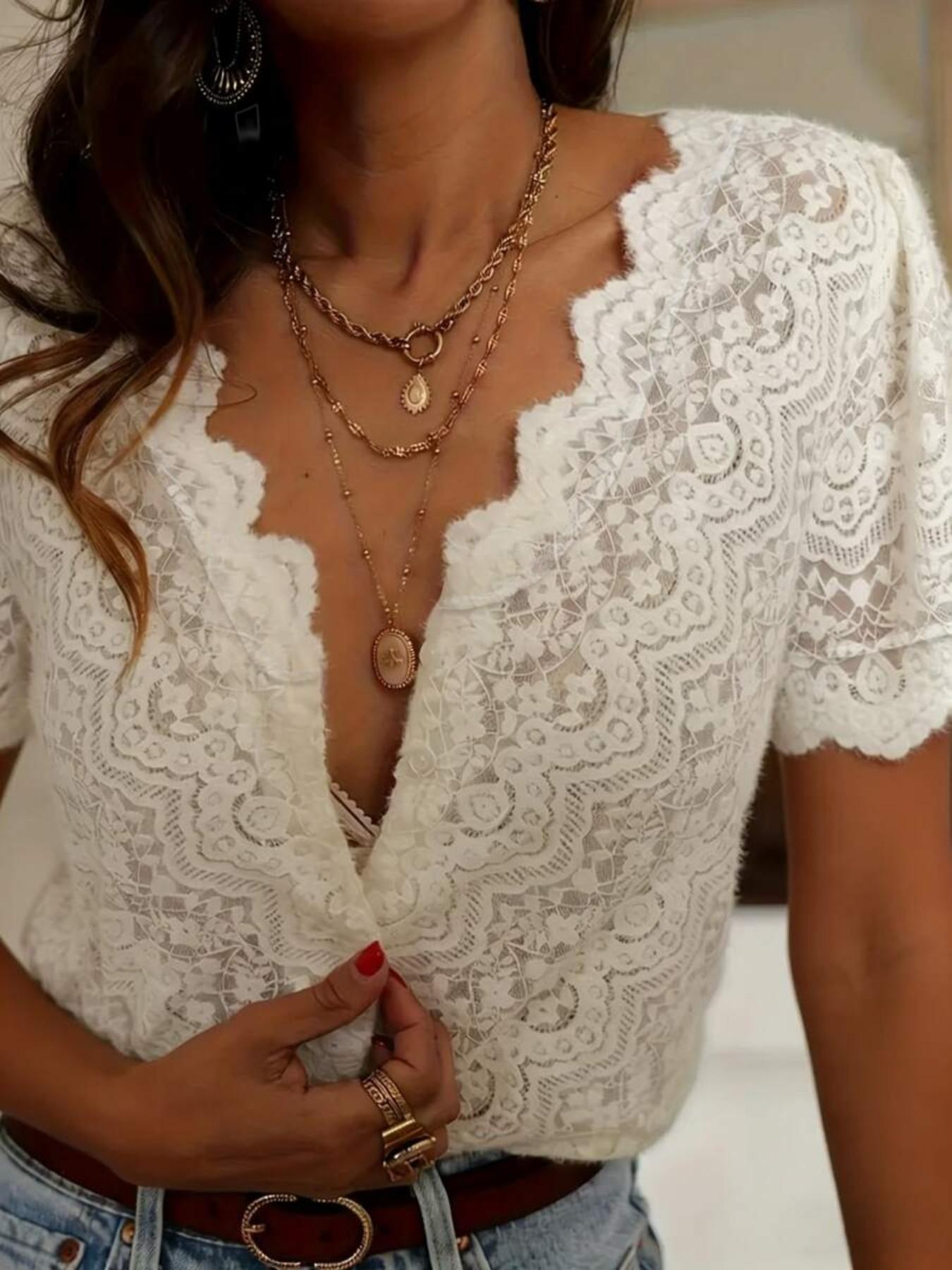 Women's Summer New Vintage Elegant Embroidered Lace Short Sleeve Slim Button Deep V Neck Dressy Casual Blouses Fashion Blouse Shirt, Stylish and Comfortable Design Tops Embroidery