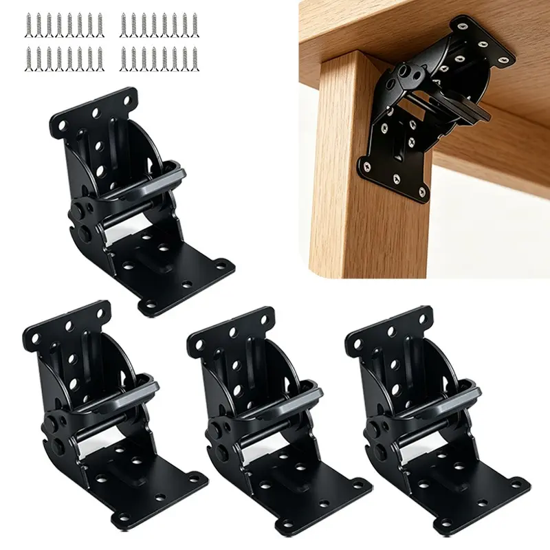 4 Pack Folding Hinge Bracket 0-90 Degree Folding Table Leg Bracket Heavy Duty Locking Extension Support Bracket Black Foldable Self-locking Hinge with Screws Suitable for Table, Chair and Bed Legs Sturdy Bracket