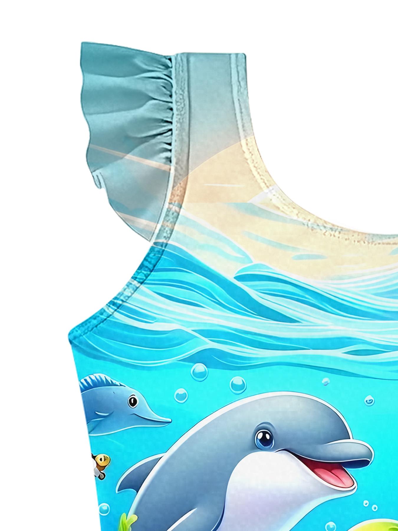 Seahorse & Dolphin Underwater Adventure Ruffled Kids One-Piece Swimsuit ...