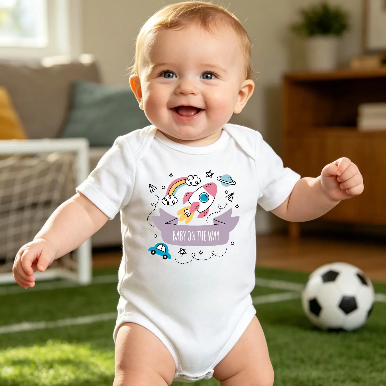 Baby Boy and Baby Girl Rocket Rainbow Car Print Soft Cotton Baby Onesie Short Sleeve Daily Wear