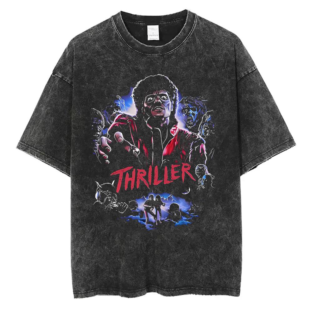 Washed Vintage Thriller Graphic T Shirt Cotton Casual Streetwear Daily Wear Retro Gothic Rock Style Punk Oversized Loose Fit For Men Women Teens Trendy Fashion