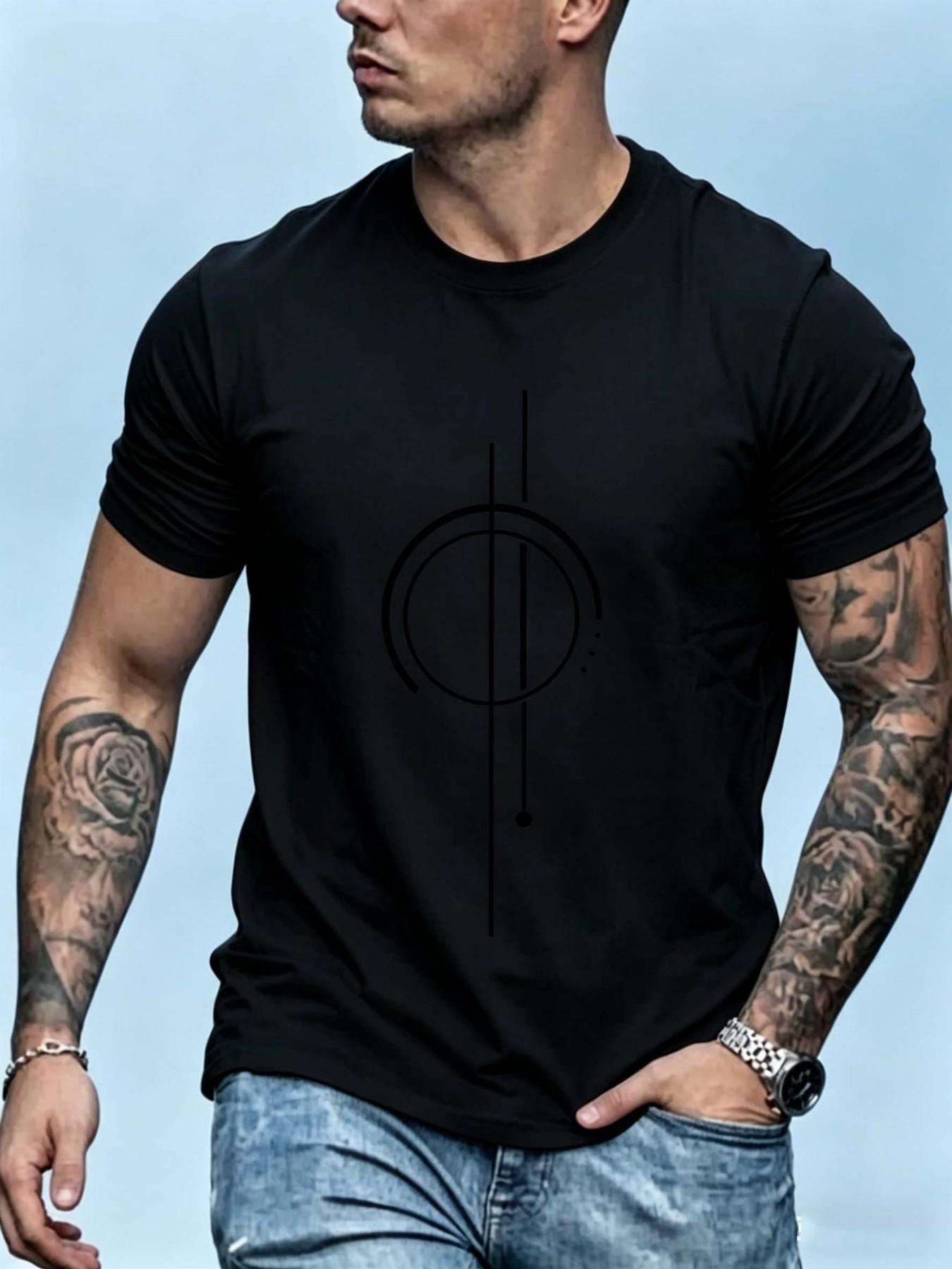 Summer Men's Fashion Geometric Pattern Short Sleeve T-Shirt, Casual Loose-Fitting Top, All Seasons, No Button or Zipper, Without Collar