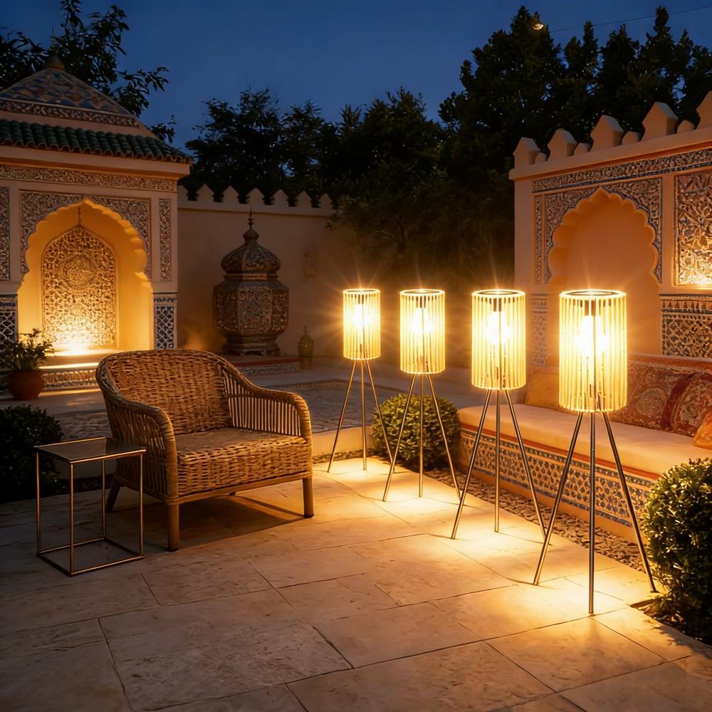 Solar-Powered Outdoor Floor Lamp Handcrafted Wicker Lantern Wrought Iron Tripod Lantern Housewarming Gift Rustic Indoor/Outdoor Decorative Lamp, These Woven Lamps Provide Decorative Lighting for Gardens, Yards, Patios, And Pathways.