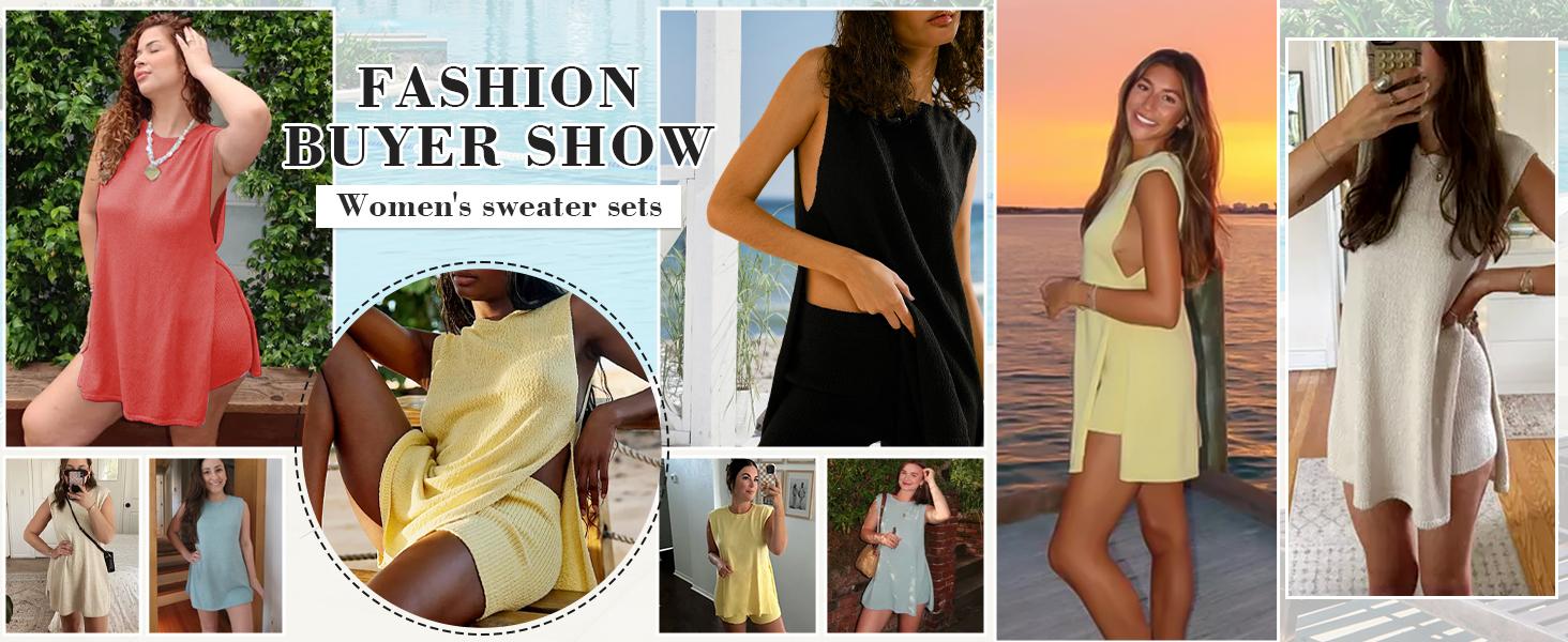 Arssm Women Summer Sleeveless Sweater Sets Knit 2 Piece Outfits Tunic Tank Top Matching Shorts Vacation Beach Sets Womenswear Slim Clothes Crewneck Fitted Suits Loose Casual