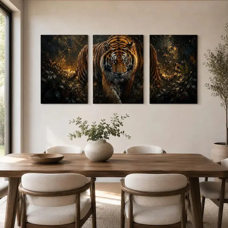 2D flat,Tiger-themed wall decor three-piece set, black and gold tiger triptych canvas painting, jungle wildlife wall decoration, suitable for living room, office, bedroom
