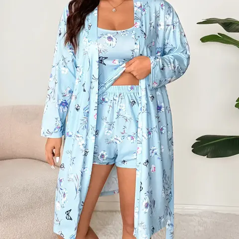 Plus Size 3 Piece Set: Floral Butterfly Print Shorts & Floral Long Sleeve Top & Cami, Casual Spring Sleepwear Loungewear, Ladies Loungewear