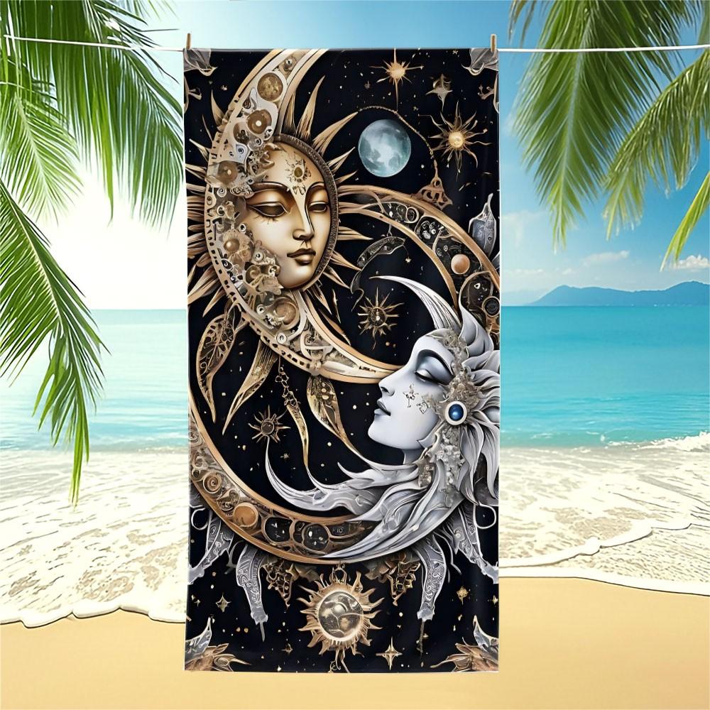 [Beach Towel] Sun and Moon Psychedelic Art Beach Towel - Premium Microfiber Digital Print Design, Ultra-Soft and Quick-Dry Aesthetic Bohemian Tapestry Style Bath Towel for Summer Vacation, Poolside, Travel – Durable Vivid Colors Fade-Resistant 1pc