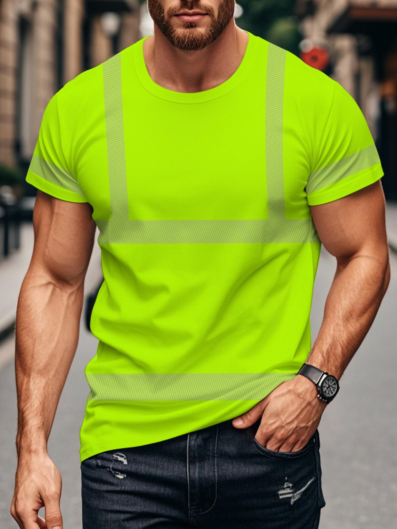 Fluorescent Reflective Stripes Men's T-Shirt, Construction Workwear Style, Safety Half Sleeve, Casual Loose Fit Top