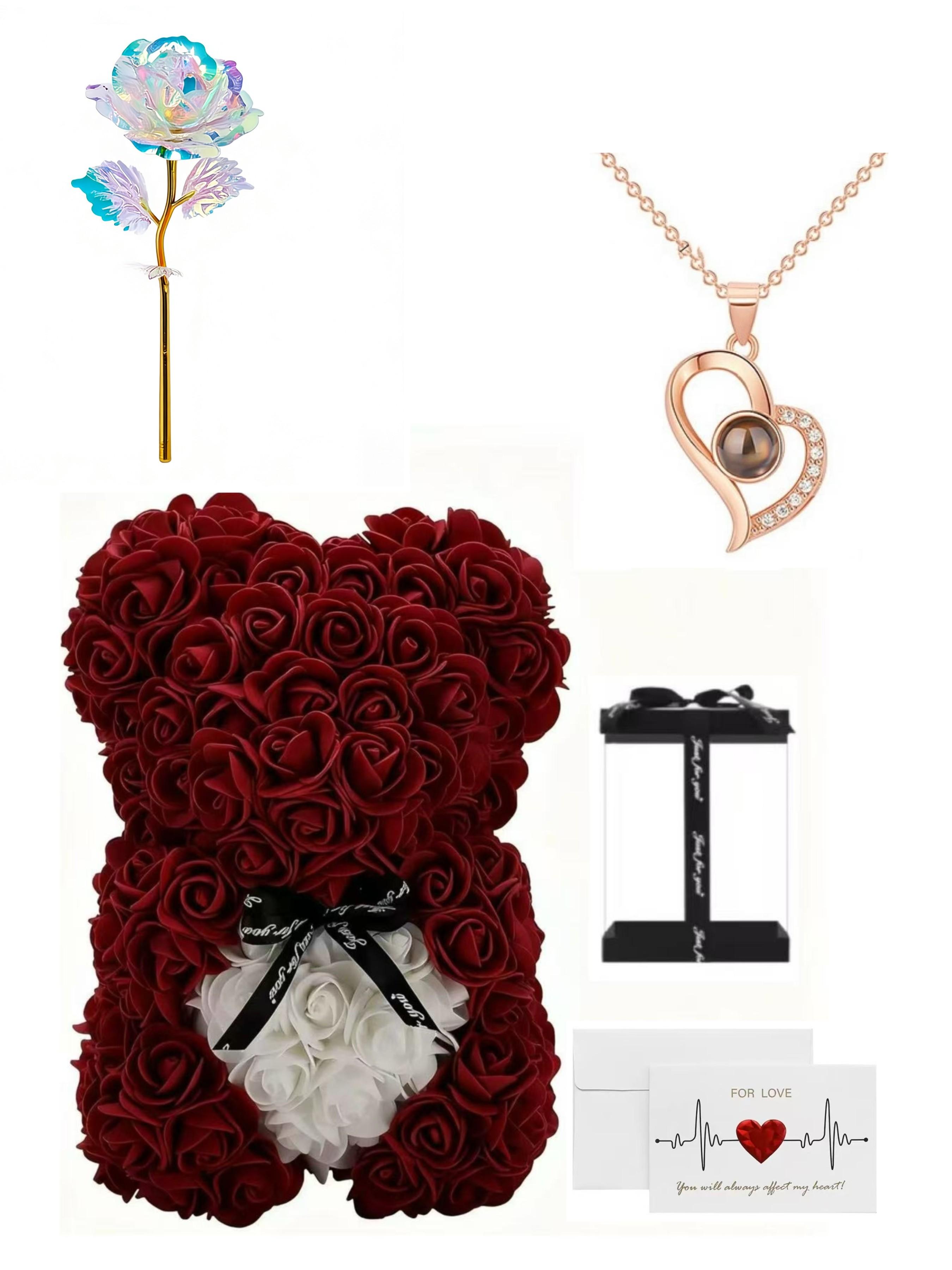 100 Languages 520 Necklace, Gold Foil Rose Flower Bear Gift, Mother's Day, Qixi Festival, Birthday Present for Mom, Girlfriend, Friend