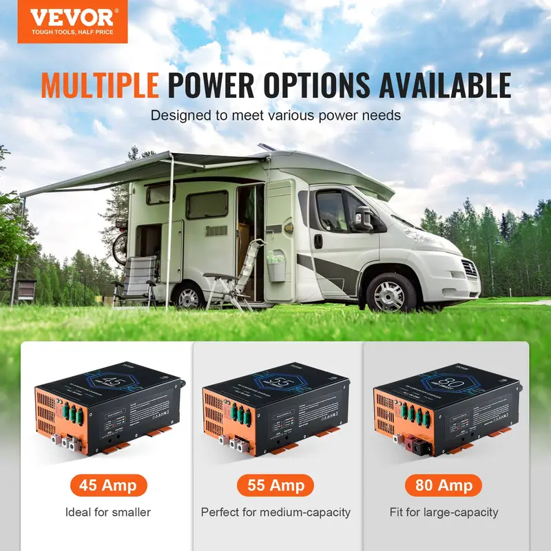 VEVOR 45A RV Power Converter Battery Charger, 110V/120V AC to 12V DC, 4-Stage Smart Charging, 13.0-16.5V Adjustable Operating Range, 30Ah-50Ah Compatible, for Lithium/Lead Acid Batteries, ETL Listed, Advanced Protection, Backup Fuse, Ideal for Road Trips