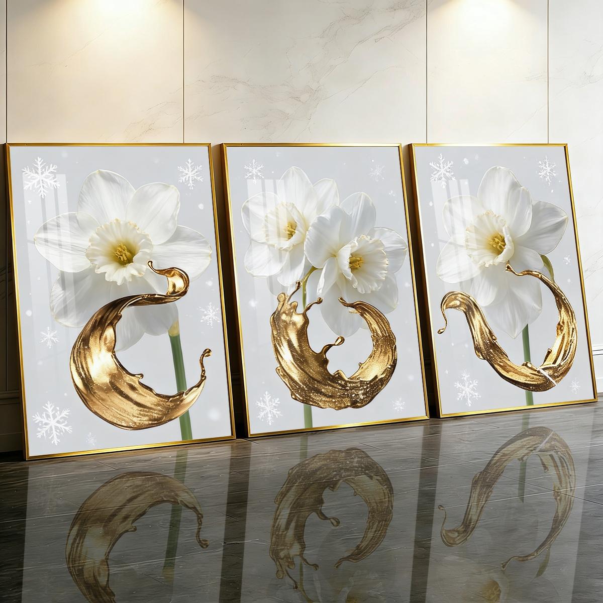 3 Counts Aluminum Alloy Framed Painting, White Daffodil Gold Splash Art Pictures, Home Decoration For Living Room, Bedroom, Office, Restaurant, Hallway Wall Decor, Odorless Print Artwork, Luxury Perfect Gift For Friends And Family