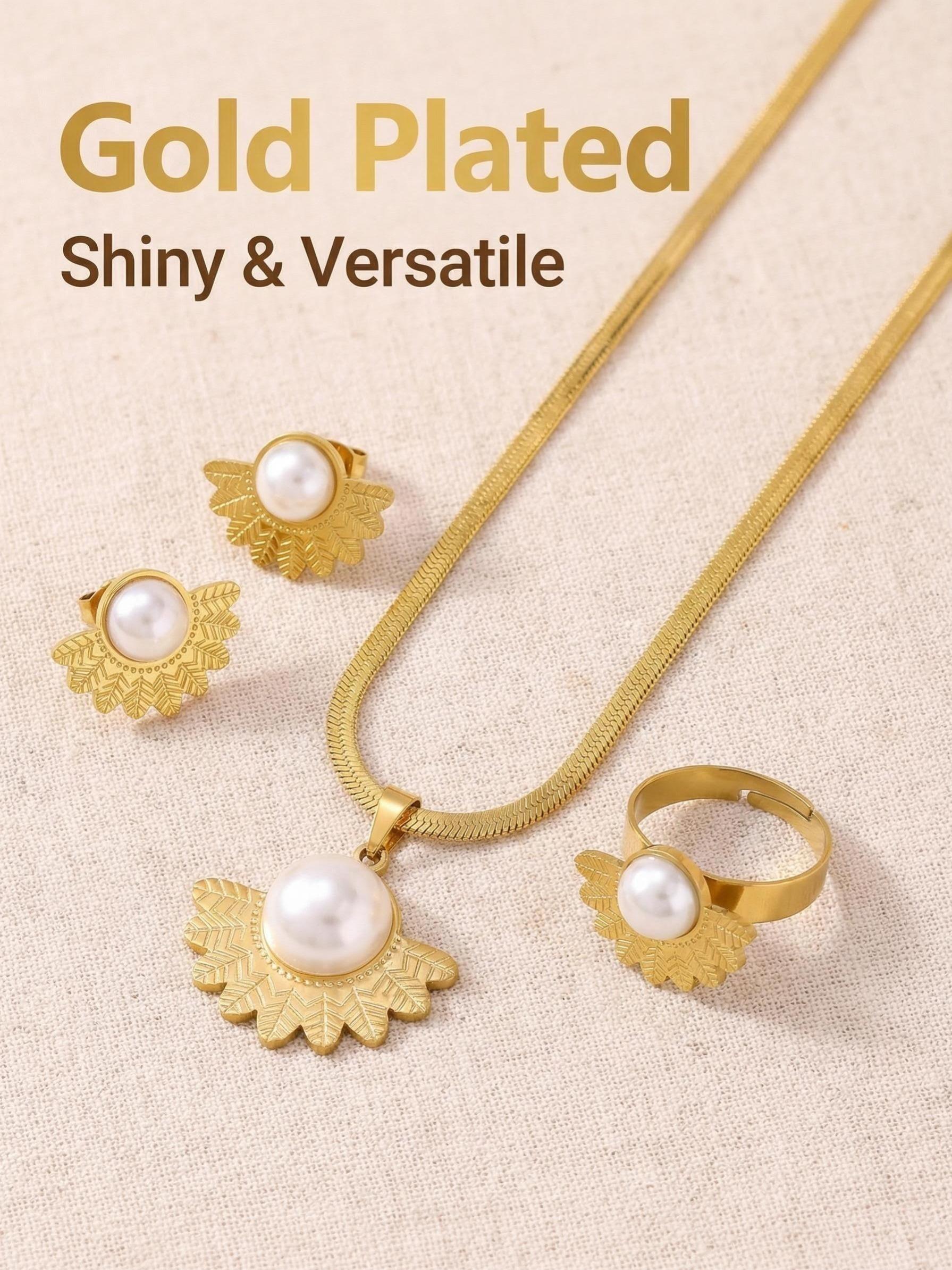 3-Piece French Vintage Stainless Steel Jewelry Set for Women, Elegant Necklace Earrings Ring Set, Luxury High-End Accessories