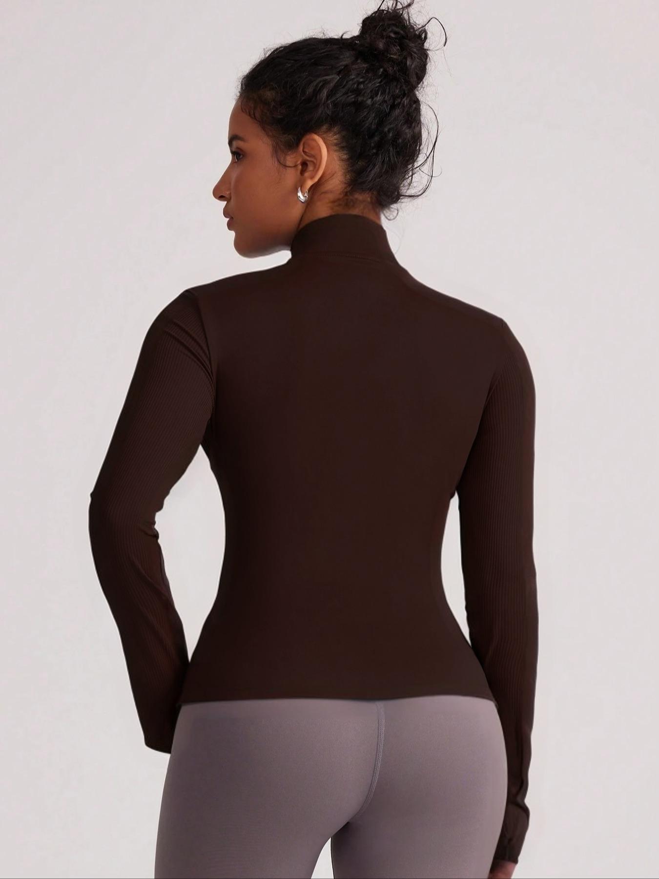 Women's Solid Zip Up Sports Jacket, Sporty Long Sleeve Stand Collar Outerwear for Gym Workout Running, Ladies Sportswear Womenswear for All Seasons