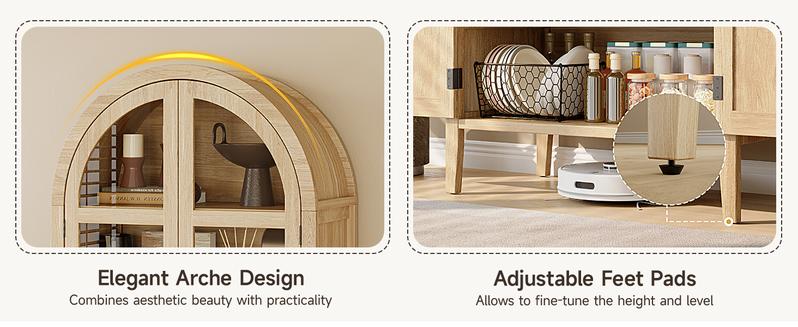 【Valentine's Day gift】ONBRILL 71" Tall Arched Cabinet, 5-Tier Arched Kitchen Pantry with Glass Doors & Drawer, Modern Display Pantry Cabinets with Adjustable Feet, Wooden Pantry for Kitchen, Living Room Furniture, Dining Room Furniture
