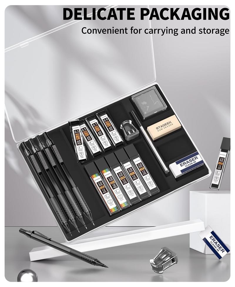 STASGEEK 21PCS Metal Mechanical Pencil Set, Art Lead Pencil 0.3, 0.5, 0.7, 0.9, 2mm Lead Holder(HB 2H 2B 4B Color) with 10 Tubes Graphite Lead Refills Eraser with Case for Drafting Drawing Sketching