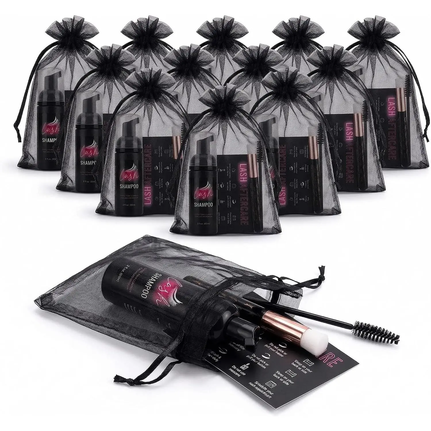 Lash Aftercare Kit for Lash Techs — 60 count Lash Extension Supplies with  Pump Bottles, Cleansing Brushes, Mascara Wands, Aftercare Cards, Label Stickers & Organza Bags for Client Branding (Black)