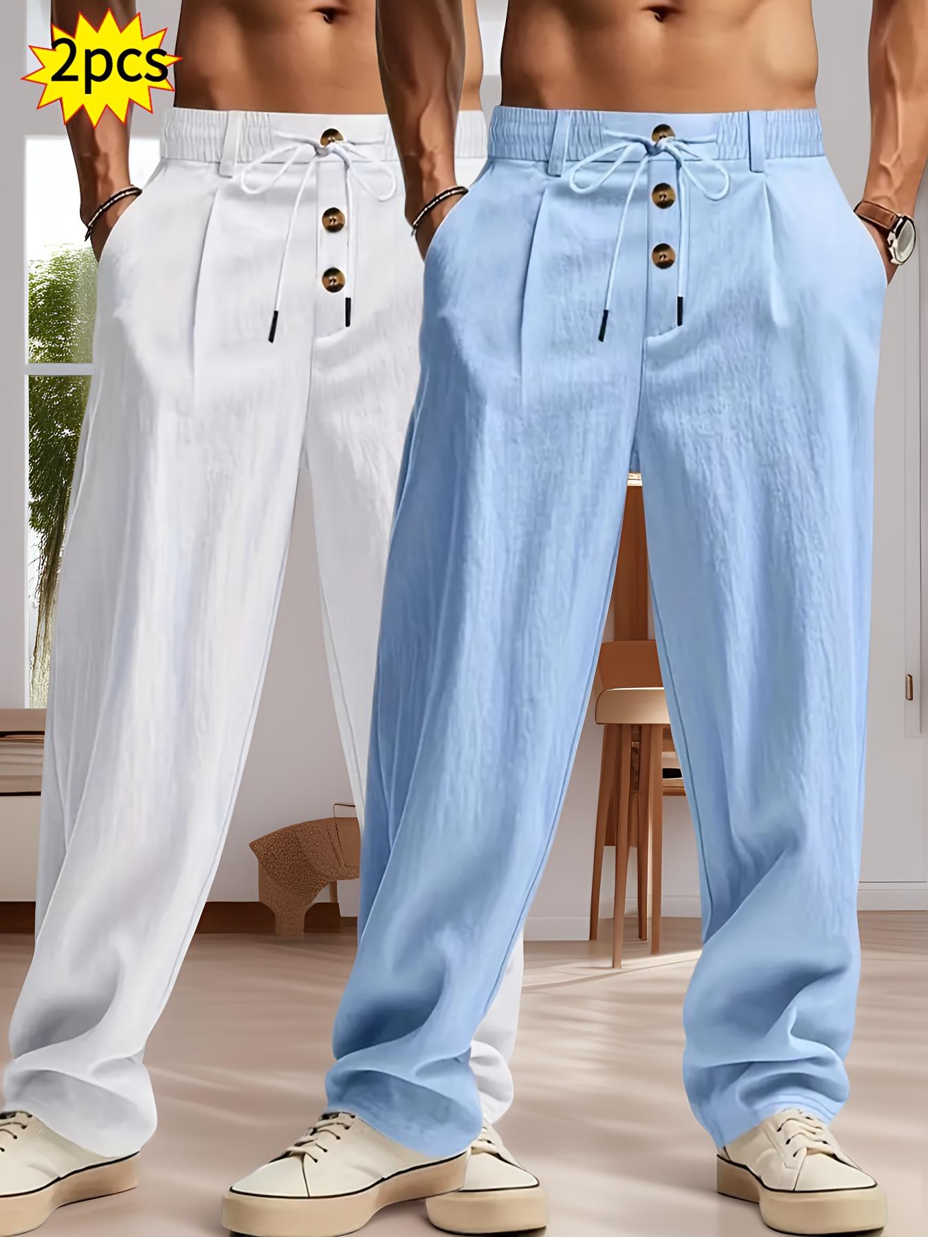2 pieces men's plain-colored linen casual straight-leg pants, Casual Comfy Fashion, for spring, summer and autumn, with drawstring and faux buttons design, lightweight breathable, suitable for daily commuting, outdoor travel, fitness