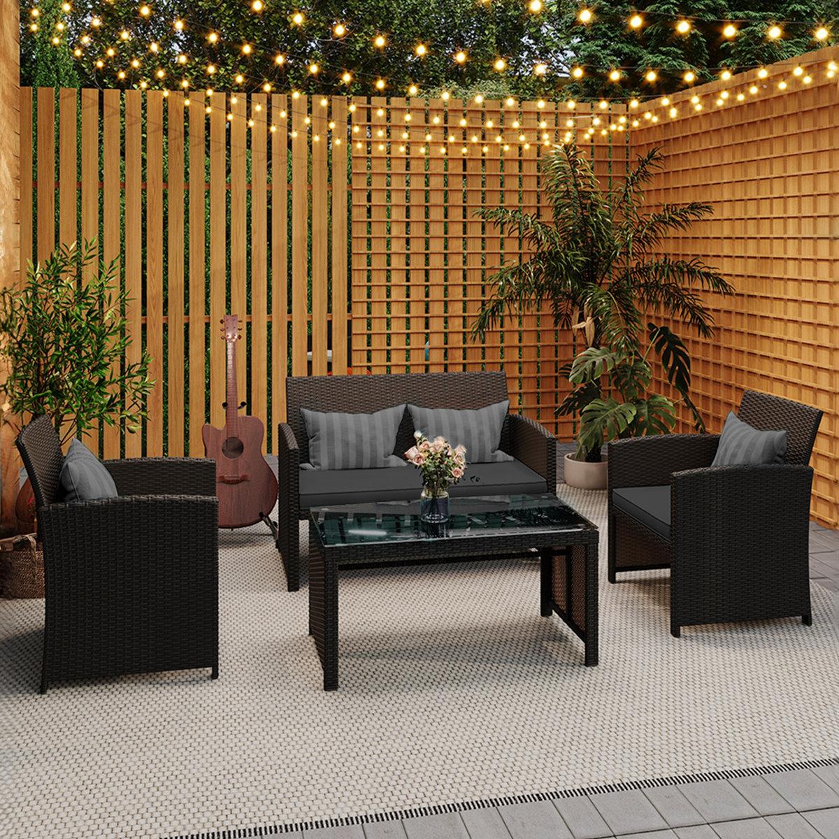 4-Piece Wicker Patio Sofa Set with Cushions & Glass Coffee Table, Compact Outdoor Furniture for Backyard & Poolside (Does not include pillow)