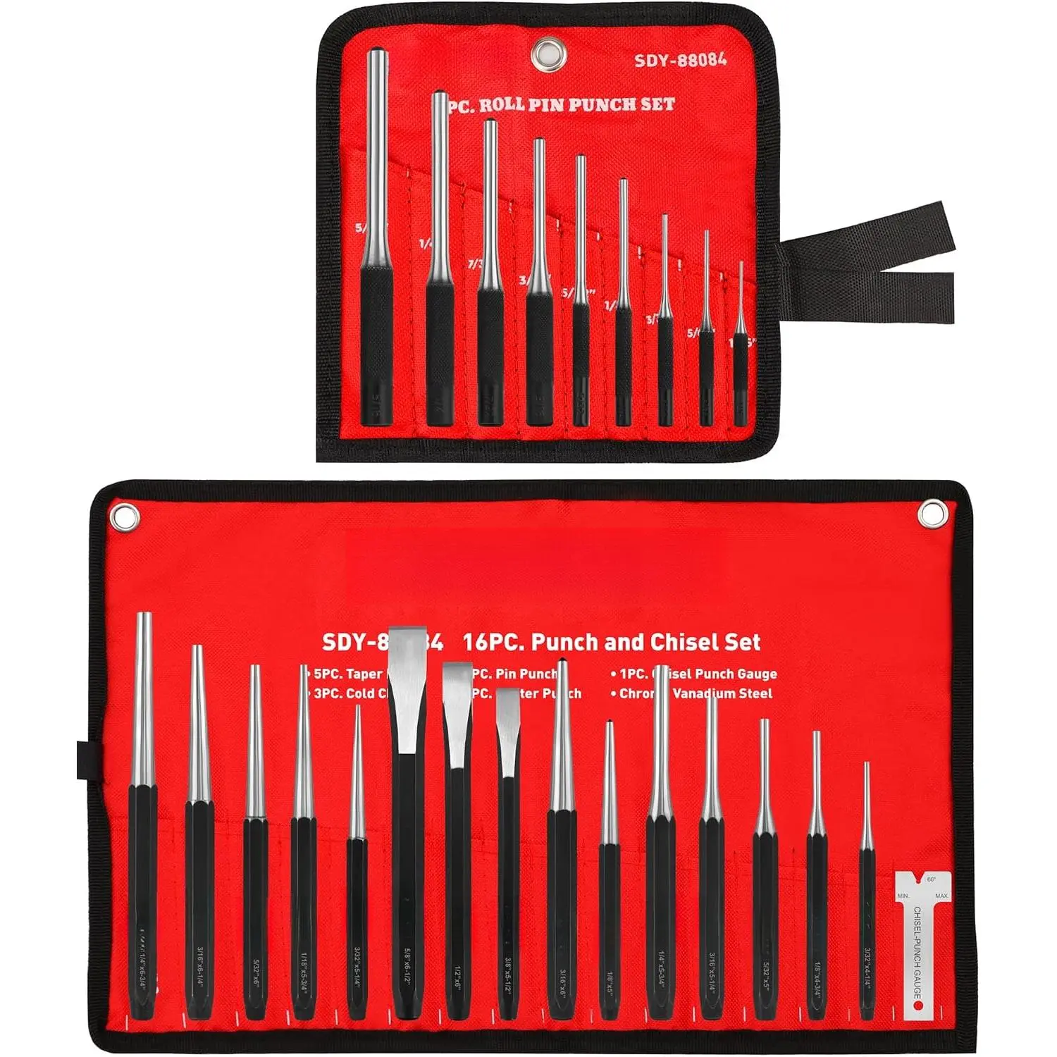 25-Piece Punch and Chisel Set with Roll Pin Punches, Includes Taper, Pin, Center Punches & Cold Chisels for Metalworking, Automotive, and Craft Use