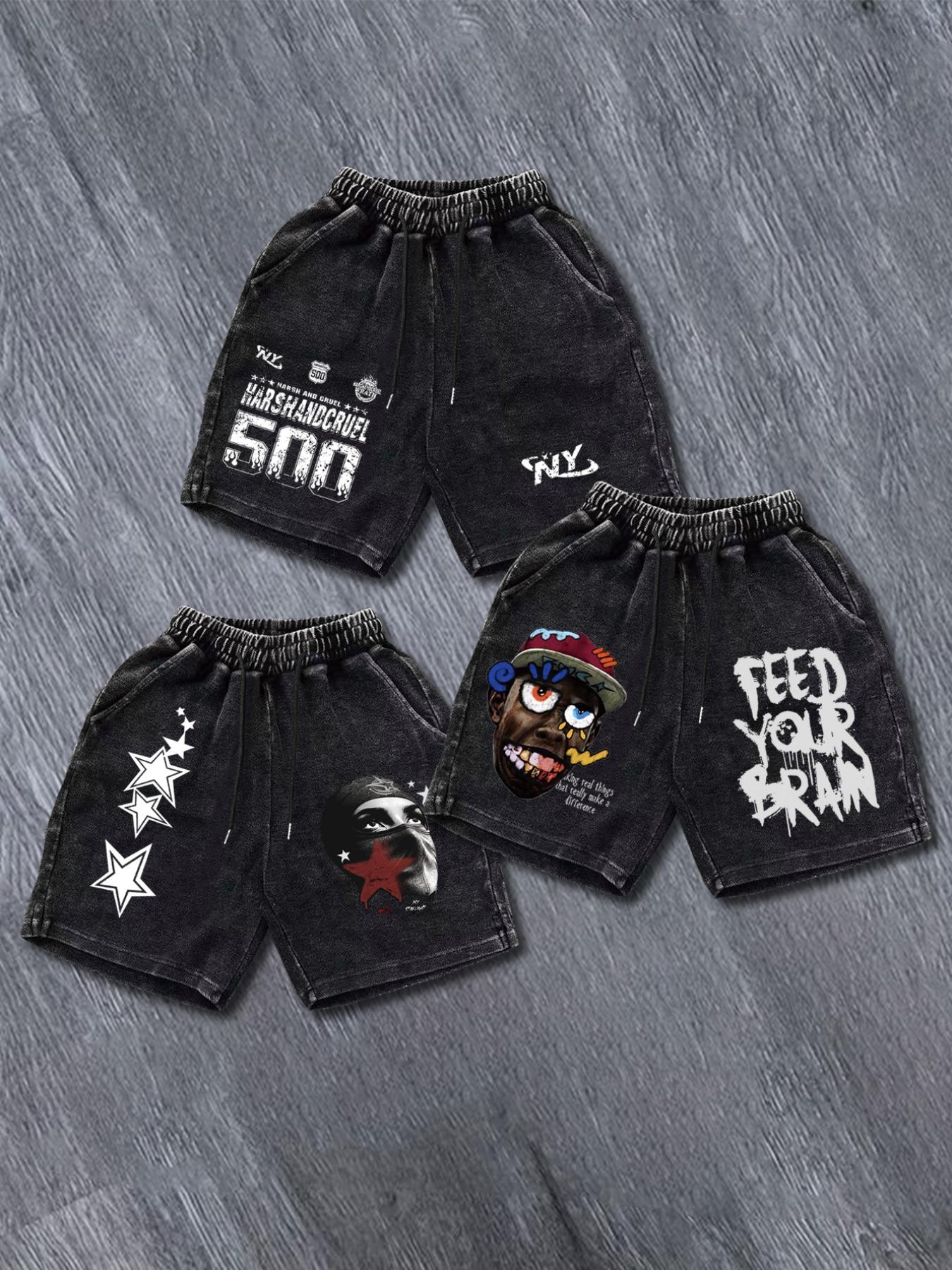 Men's Solid Color / Letter Graphic Print Denim-effect Print Drawstring Waist Shorts,, Regular Fit Casual Street Comfy Breathable Shorts for Daily Wear, Men's Bottoms for Summer