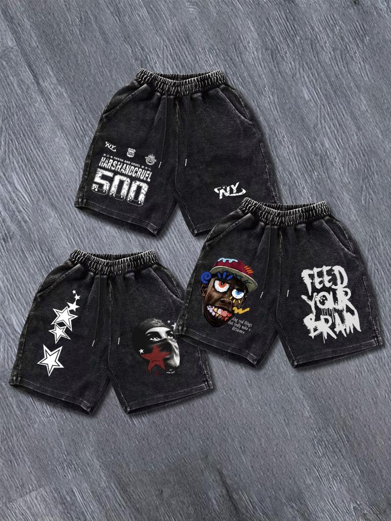 Men's Solid Color / Letter Graphic Print Denim-effect Print Drawstring Waist Shorts,, Regular Fit Casual Street Comfy Breathable Shorts for Daily Wear, Men's Bottoms for Summer