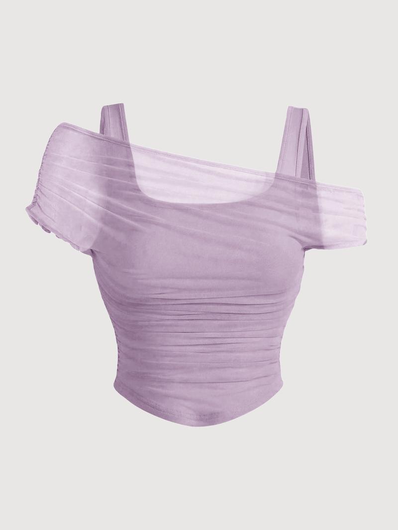 Valentine's Day Women's Asymmetric Neckline Ruched Crop Top - Trendy Mesh Blouse for Club, Date Night & Vacation