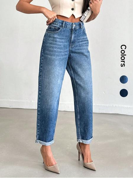 OBLue Jeans Retro High Waist Straight Leg Jeans for Women, Loose Fit with Rolled Hem for Slim Look and Style, High Waisted Denim