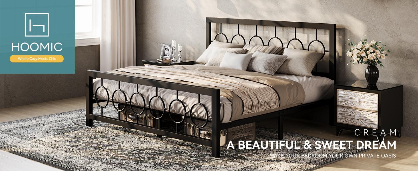 HOOMIC Metal Platform Bed Frame【Frame Only No Mattress】with Vintage Circular Design Headboard and Footboard,Extra Under-Bed Storage,Bedroom Furniture,No Box Spring Needed,Black/Brown,Twin/Full/Queen/King Size
