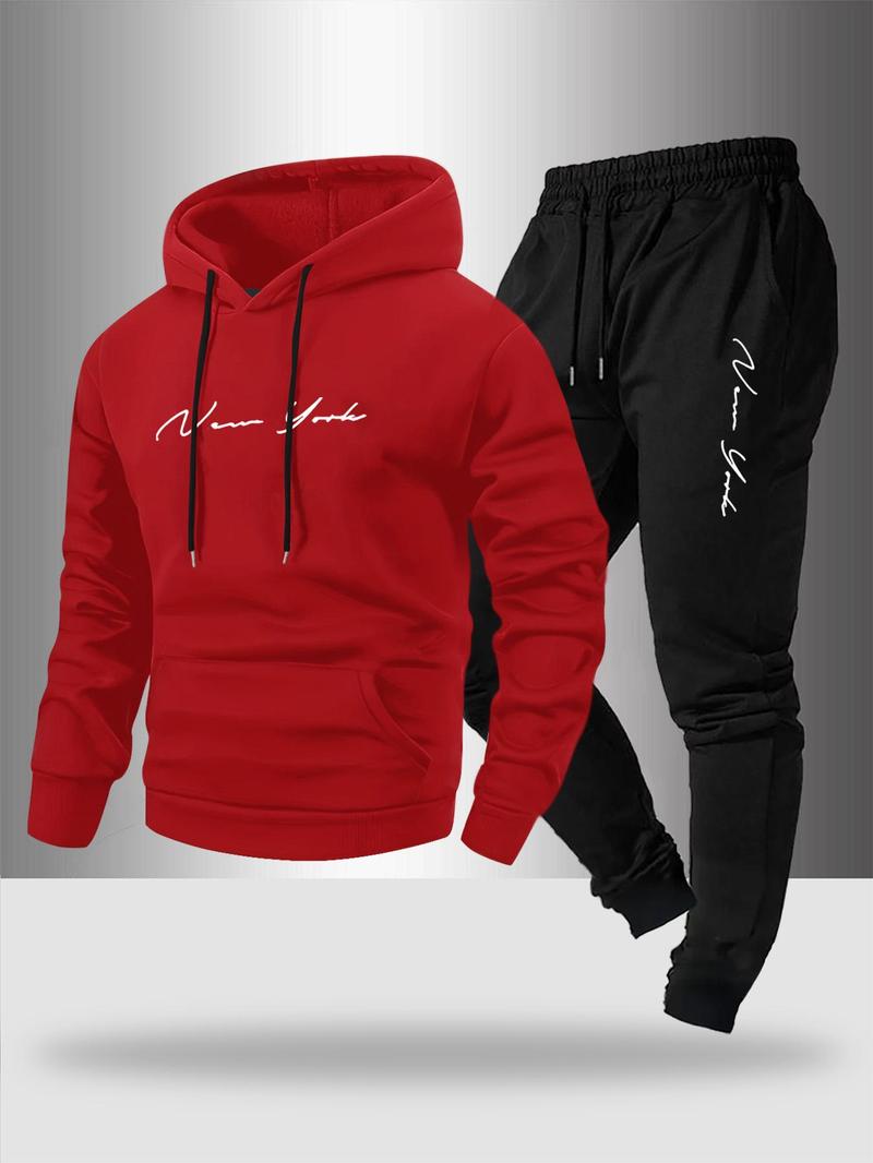 Men's Fall Winter Casual Sportswear Set, Sweatsuit with Pockets, Fashion Artistic Letter Print Hoodie & Drawstring Pants, Comfortable Warm Two-Piece