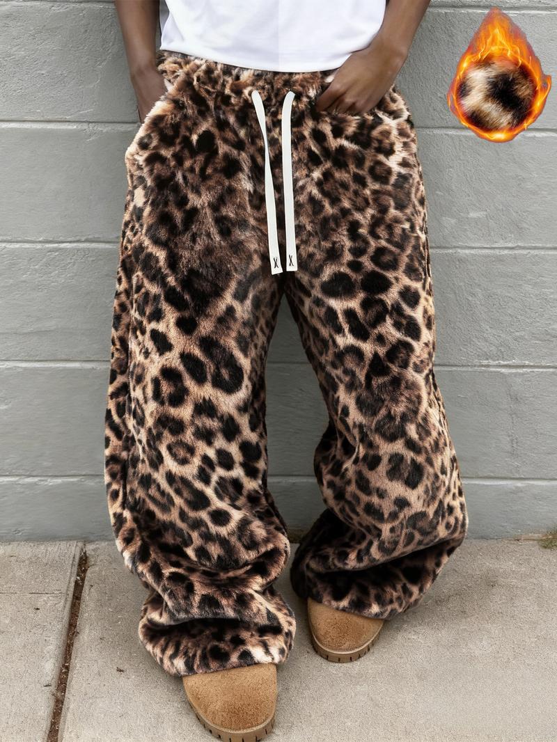 Unisex Leopard Camo Fleece Wide Leg Pants, Soft Rabbit Fur Fabric, Fall & Winter Warm Comfort, Street Hip Hop Style, Daily Wear Unisex Leopard Camo Fleece Wide Leg Pants, Soft Rabbit Fur Fabric, Fall & Winter Warm Comfort, Street Hip Hop Style, Daily Wear