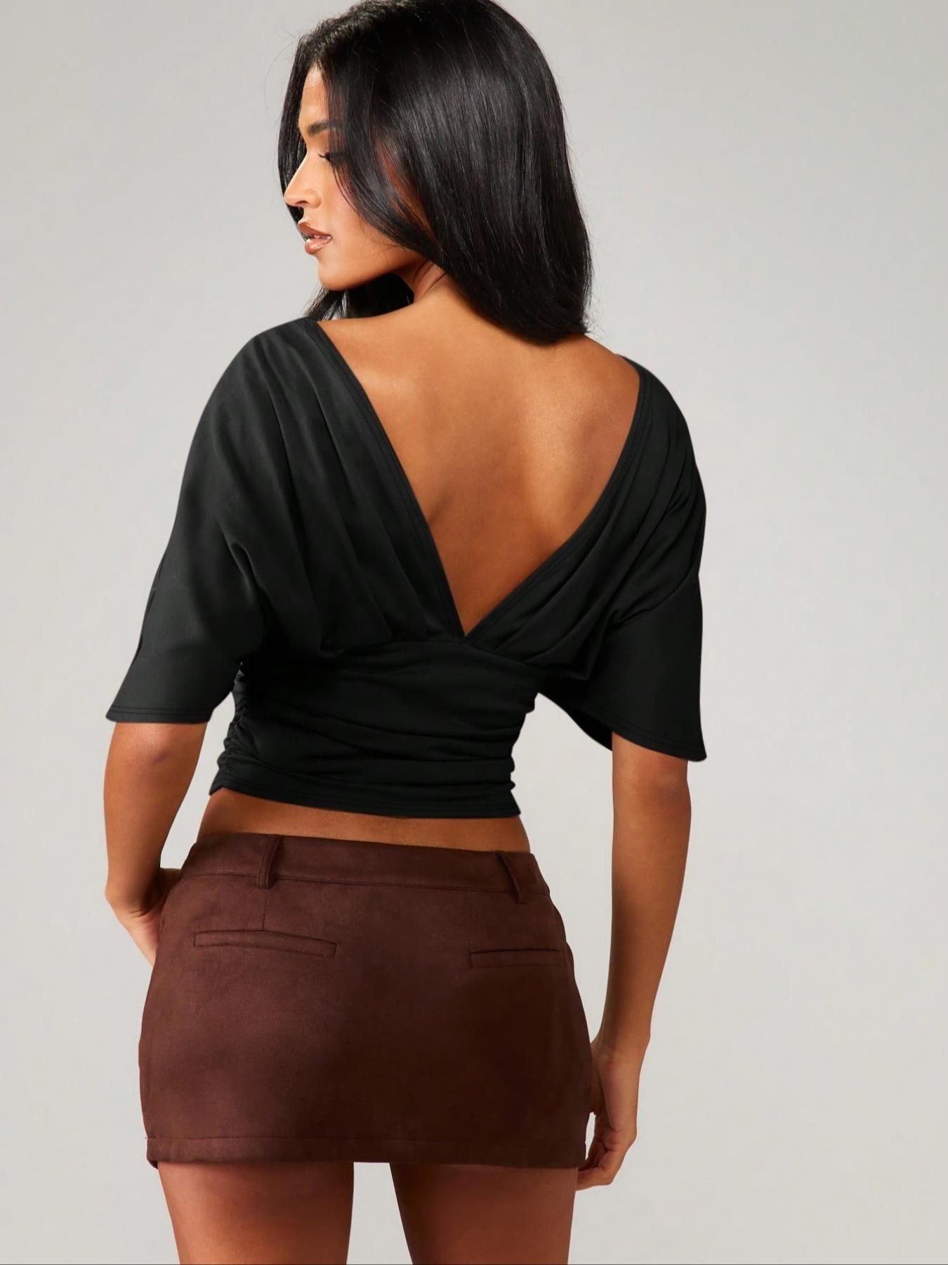 Women's Fashion Comfortable Casual Waist Cinched Slimming V-Neck Backless Simple Bodycon Top, Stylish and Versatile