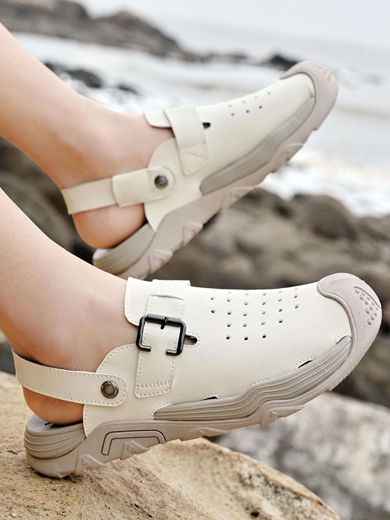 Men's Solid Color Dual-Wear Closed-Toe Perforated Sandals, Adjustable Velcro Non-Slip Beach Shoes, Breathable Outdoor Water-Slippers