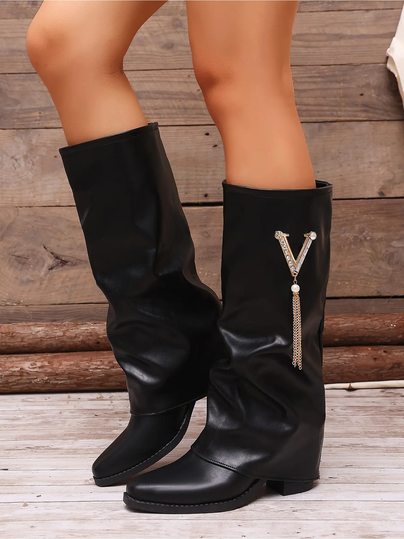 Women's Plus Size New Pleated Mid-Calf Boots, Rhinestone Trim, Pointed Toe, Low Block Heel, Lazy Retro Fashion Long Boots