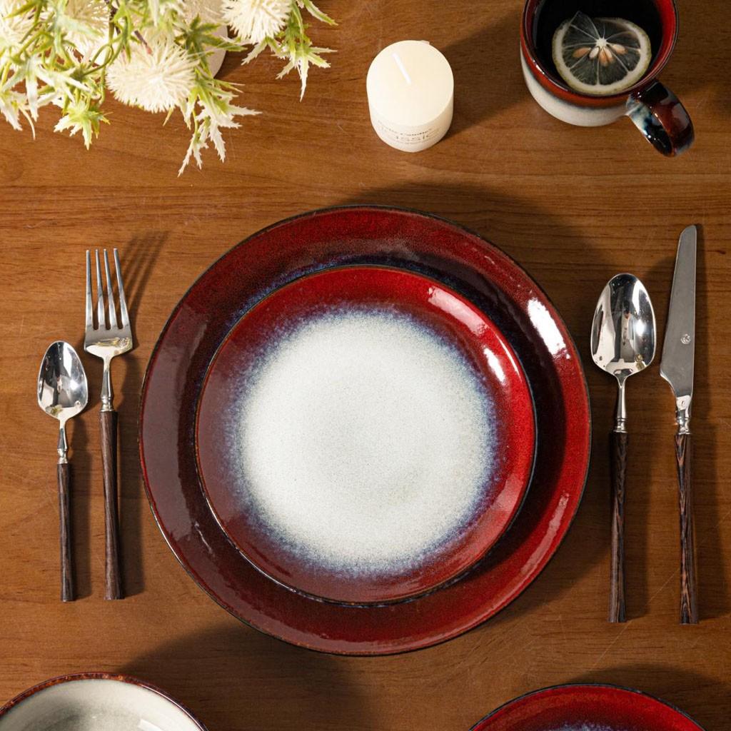 4/8-piece ceramic dinnerware set, Western style, suitable for 1-2 people, kiln-fired ceramic, ink-red, includes steak plate, salad bowl, cup, microwave-safe, machine-washable