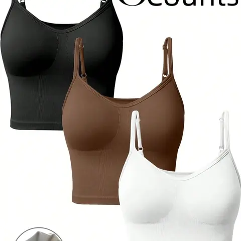 3 Pack Womens Fall Winter Layering Cami Tank Top, Wireless No Underwire Adjustable Spaghetti Strap Ribbed Slim Fit Crop Top for Workout Yoga