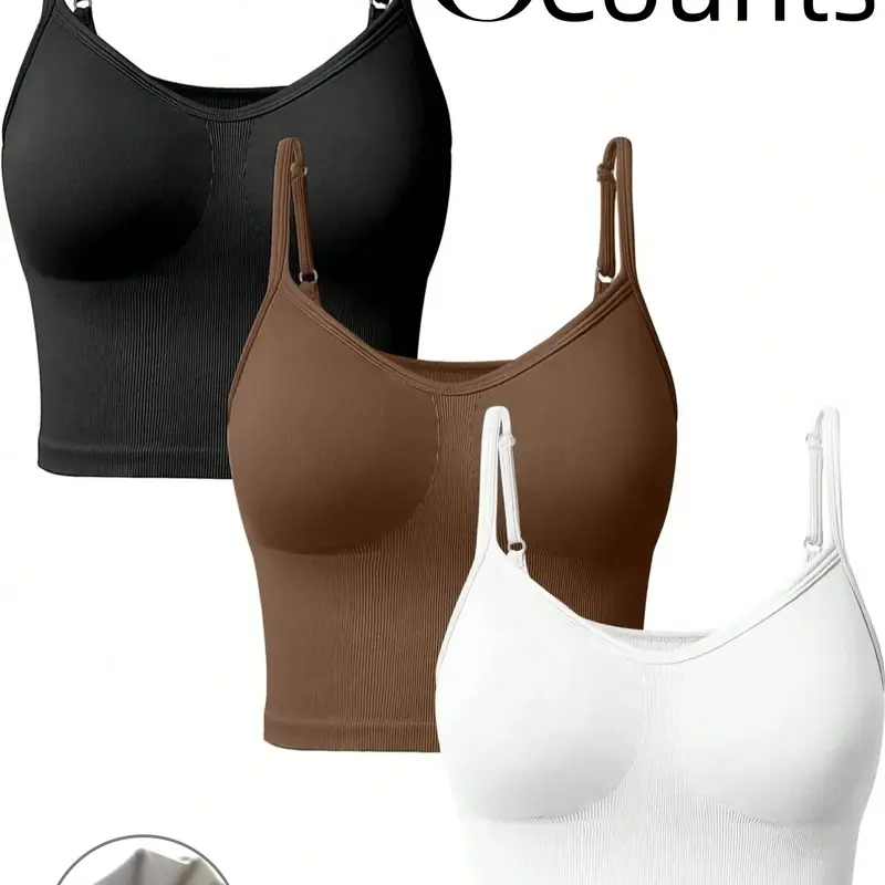 3 Pack Womens Fall Winter Layering Cami Tank Top, Wireless No Underwire Adjustable Spaghetti Strap Ribbed Slim Fit Crop Top for Workout Yoga