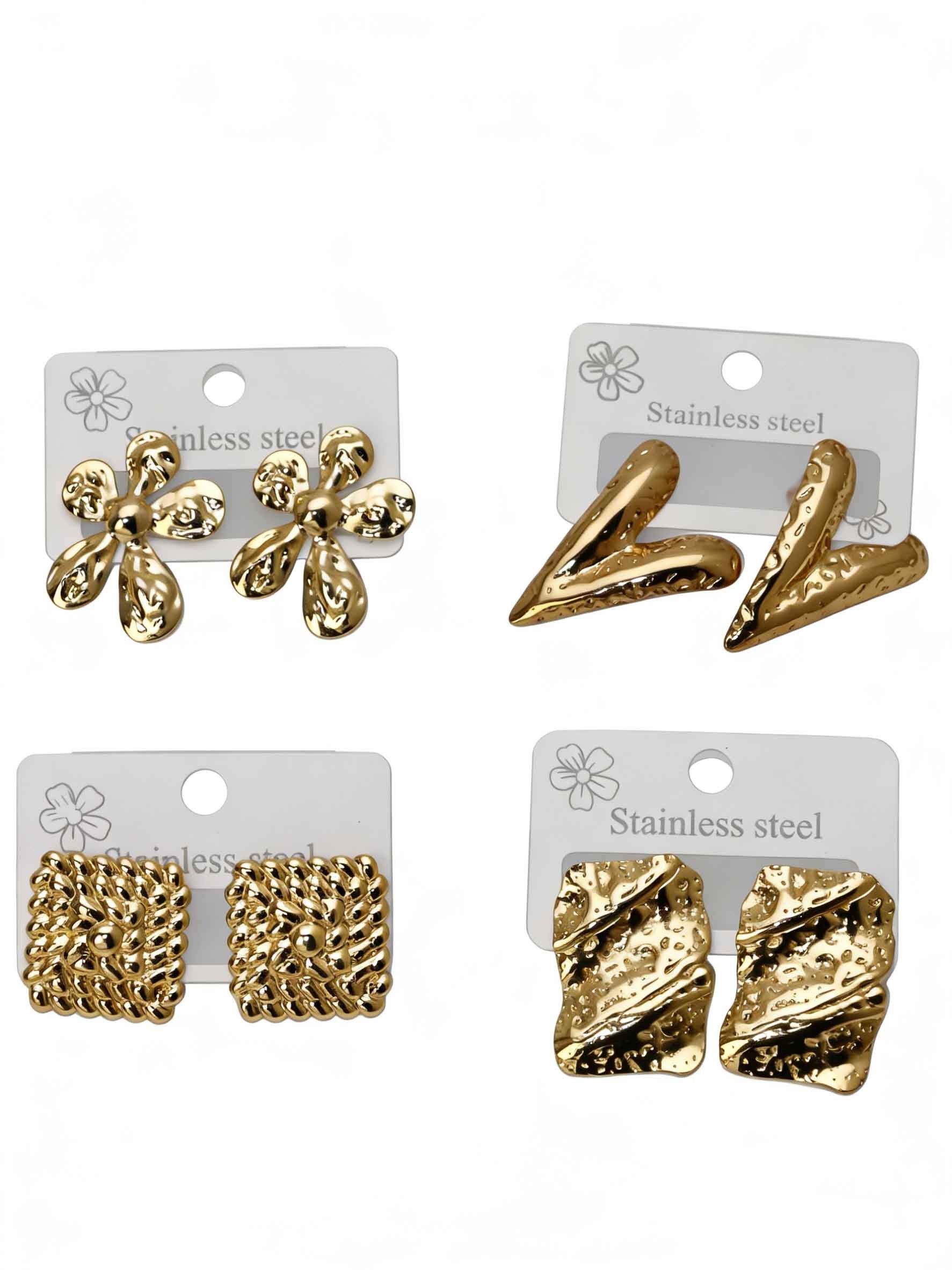 18K Gold Plated Stainless Steel Earrings for Women, Vintage Geometric Flower Heart Statement Studs, Hypoallergenic Non Tarnish Fashion Jewelry