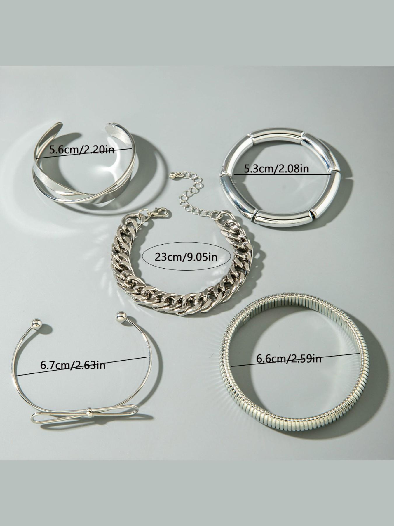 6 Pcs Silver Color Stackable Bracelet Set for Women, Punk Industrial Cuban Chain Open Cuff, Multi-Layer Metal Style, Street/party Fashion