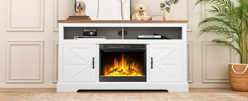 COWSAR Electric Fireplace TV Stand for TVs up to 70", Free Standing 23'' Fireplace Heater with Remote Control, Modern Farmhouse Entertainment Stand for Living Room