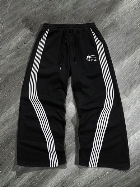 Men's Letter & Star & Striped Print Drawstring Waist Sweatpants, Regular Fit Casual Street Elastic Waist Straight Leg Trousers for Fall & Winter, Sports Casual Pants, Men's Bottoms for Daily Wear