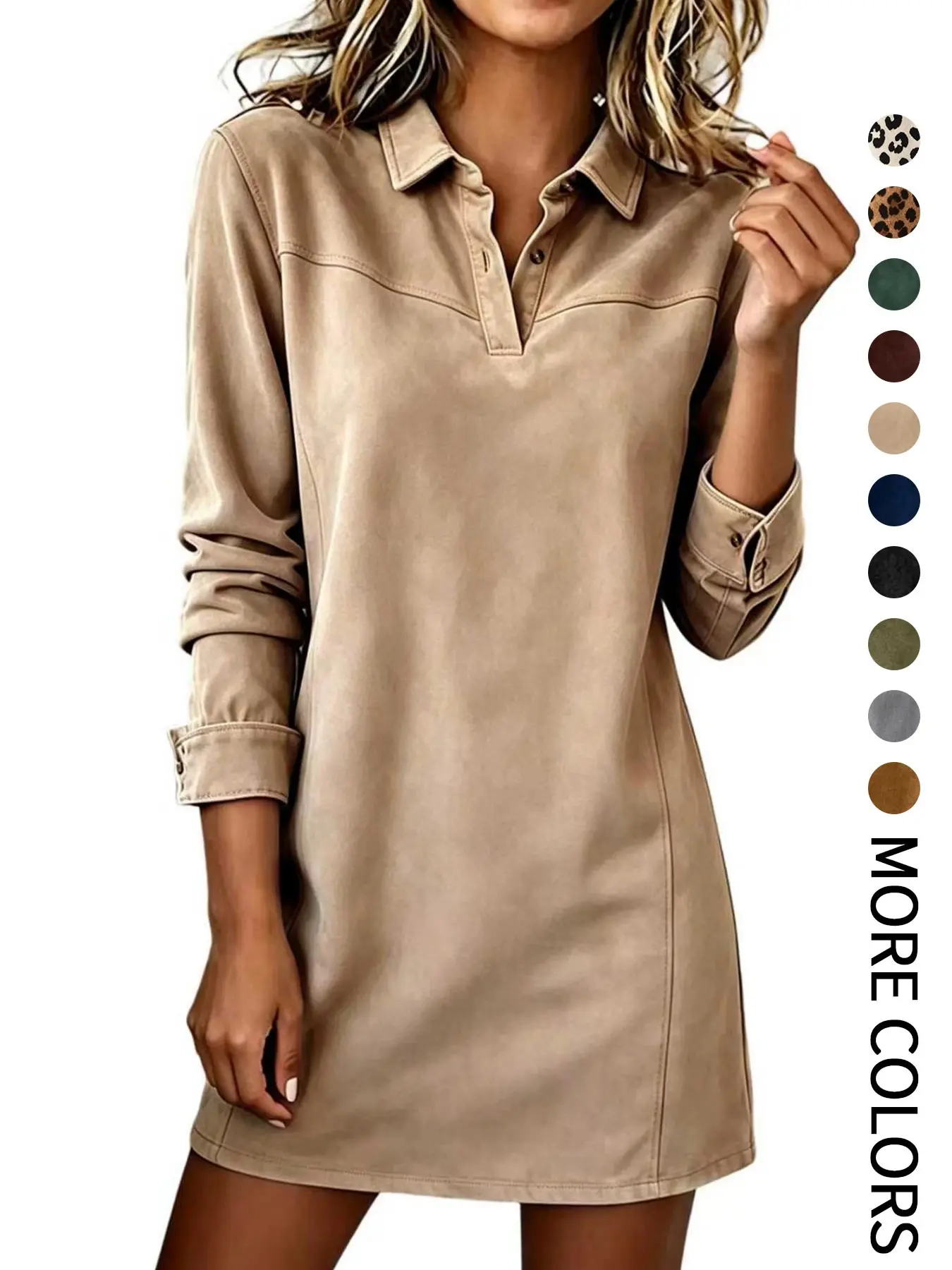 【Black Friday】Women's Faux Suede Lapel Long Sleeve Short Dress, Fall Winter Casual Polo Neck Straight Cut Coat Dress, Stylish Outerwear for Daily Wear