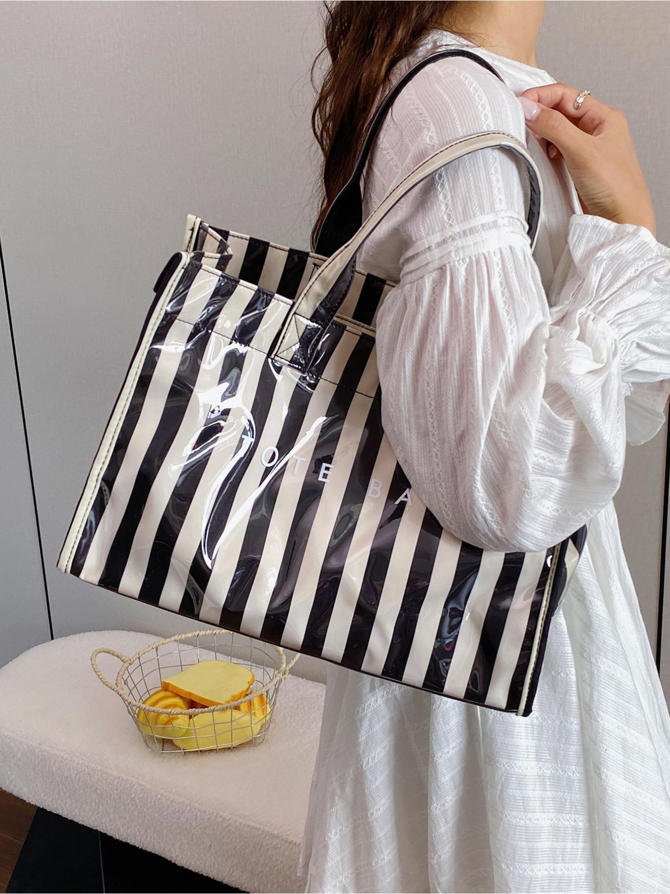 Fashion Multi Color Striped Women Tote Bag Minimalist Style PVC Shoulder Bag Daily Commute Shopping All Match Ladies Handbag For Work Daily Travel Shopping