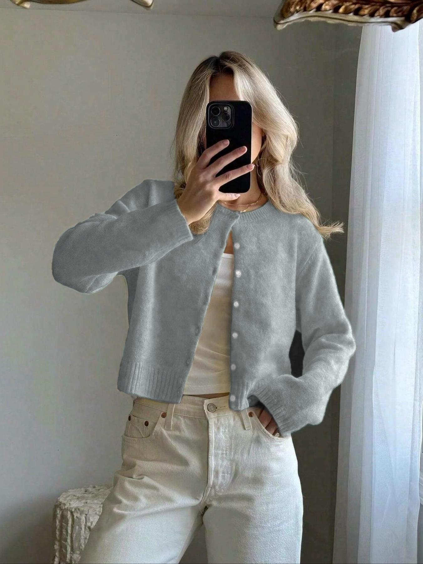 Women's Solid Color Button Front Cardigan, Casual Long Sleeve Knitwear for Spring & Fall, Fashion Women's Knit Clothing for Daily Wear