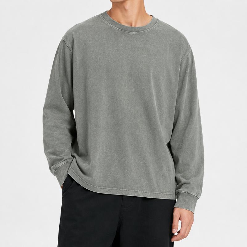 Men's Long Sleeve Crew Neck T Shirts 1/4 Pack, Vintage Washed Casual Tops, Pure Cotton Basic Shirts, Distressed Retro Style Tees, Loose Fit Pullover Clothing, Daily Wear Essential, Streetwear Inspired Fashion Outfit